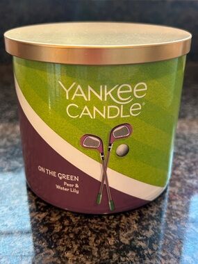 Yankee Candle Pear & Water Lily 3-Wick Jar — Green & Purple with Gold Lid